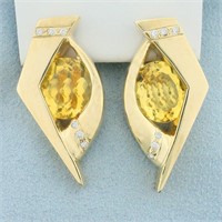 Large Abstract Design Citrine and Diamond Earrings