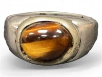 Older Mexican Oval Tiger Eye Silver Cast Ring sz 8