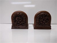 Intricately Carved Wood Book Ends