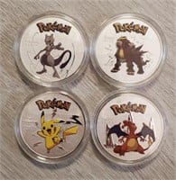 (4) Silver Plated Pokémon Tokens