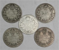 Lot of 5 Canada Silver Early 1900's Dimes