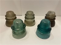 5 Glass Insulators, Vintage Hemingray, McLaughlin,