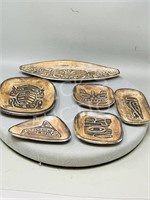 assorted Haida clay dishes - signed