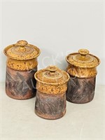 3 pc pottery canister set w/ lids - signed Bergman