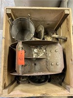 Various Implement Parts and Wooden Crate