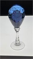 6" pedestal blue bubble trap art glass paperweight