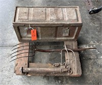 Vintage Ammo Box, Pitch Forks, and Rolling Cart