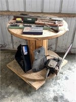 Vintage Tools, Chain Saw, and Rolling Spool Table