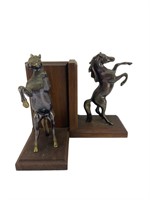 Metal Rearing Horse Bookends With Wooden Bases