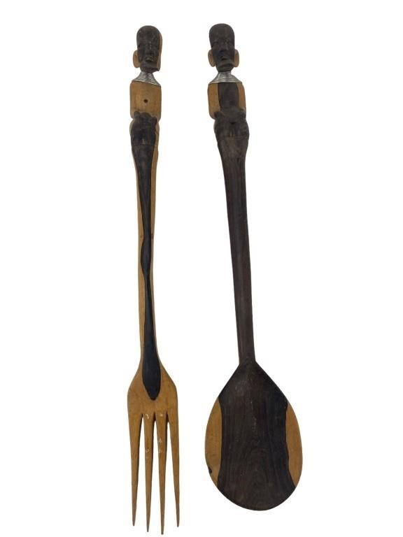 Wooden Hand-Carved Tribal African Fork and Spoon