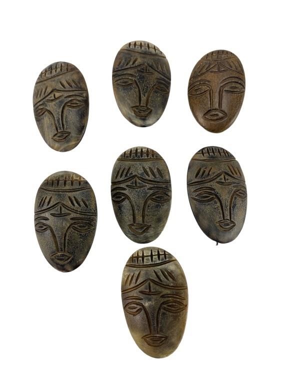 7 large horn carved African face mask buttons
