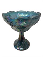 Large blue carnival glass compote bowl grapes