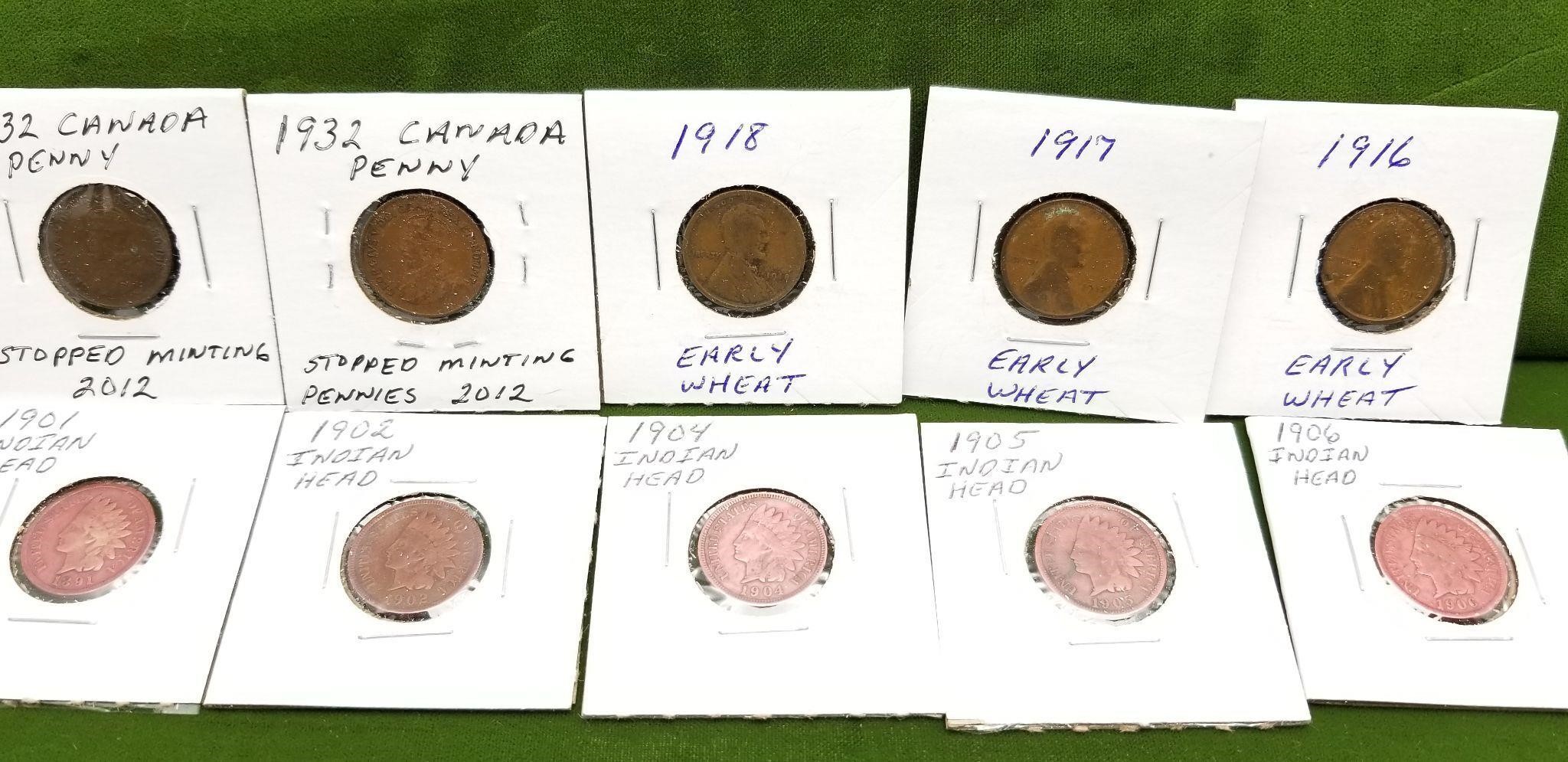 5 INDIAN HEAD-3 EARLY WHEAT-2 CANADIAN PENNIES