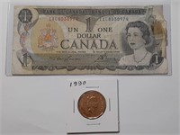1973 CANADA $1 NOTE & 1990 $1 CANADA COIN