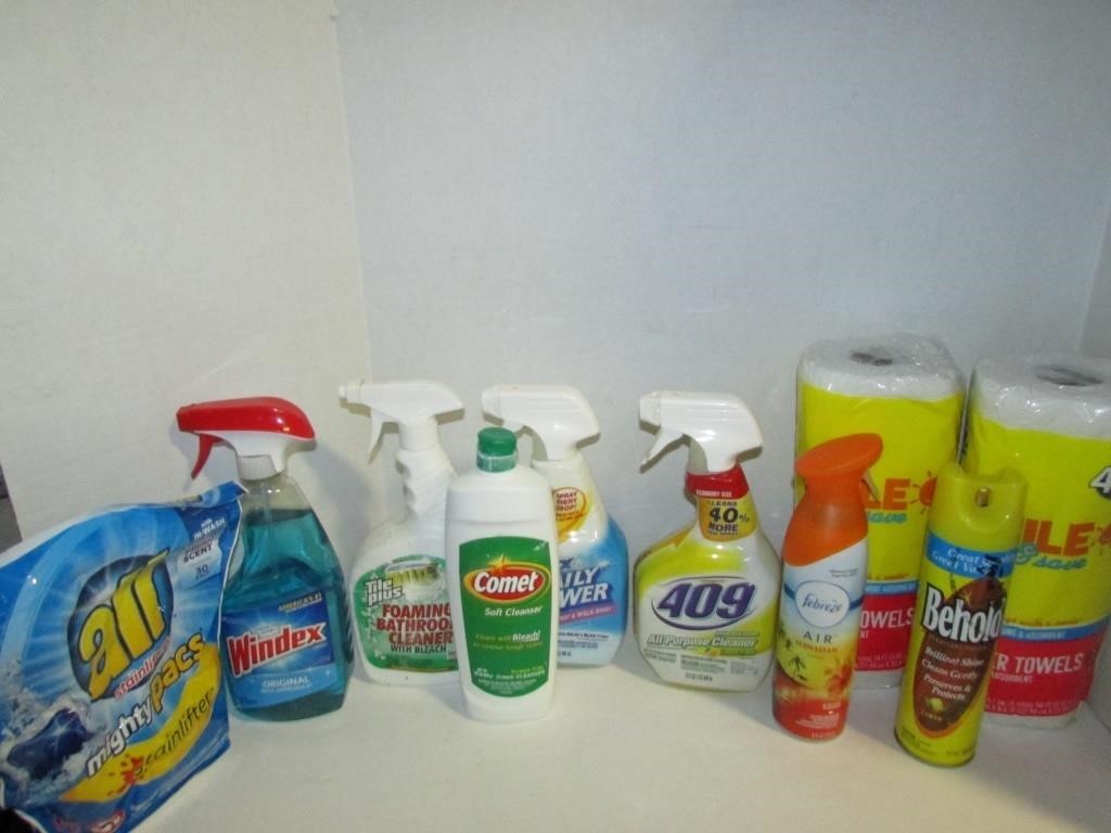 Misc Cleaning Supplies Lot with Plastic Storage