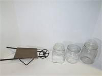 Lot of Glass Canisters and Mini "Wheel Barrow"