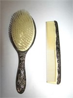 Vintage Vanity Heavy Silver Hair Brush & Comb witn