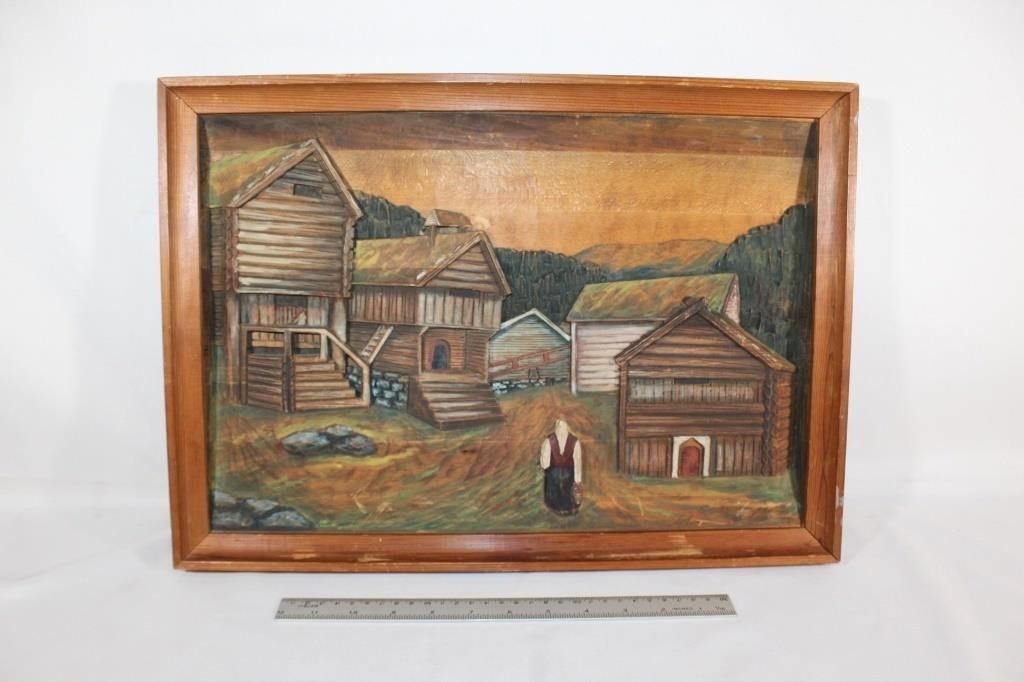 Vtg Norwegian Hand Carved Farm Scene Framed