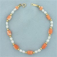 Vintage Pink Coral, Pearl, and Gold Bead Bracelet