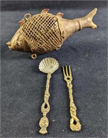 Vintage Brass Indian Dhokra Fish & Fork & Spoon