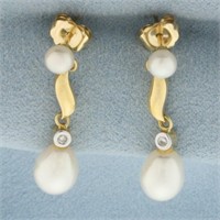 Mikura Pearl and Diamond Drop Earrings in 18k Yell