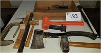 Flat of Tools, Meyer Co Hatchet, Mallets, Clamp
