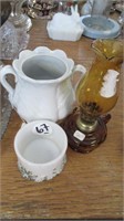 JOB LOT MINI OIL LAMP, MILK GLASS, IRONSTONE