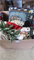 BOX OF CHRISTMAS DECORATIONS, PILLOW, TEDDY, ETC