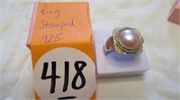 RING STAMPED 925 SQUARE TOP PINK PEARL TYPE TOP