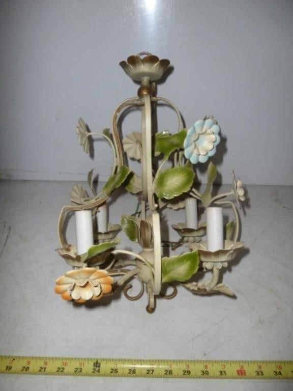 Mid Century Metal Hand Painted Floral Chandelier
