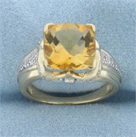 Checkerboard Cut Citrine and Diamond Ring in 14k Y