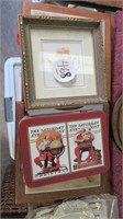 PLAYING CARDS, 2 TRIVETS, FRAMED PRINT
