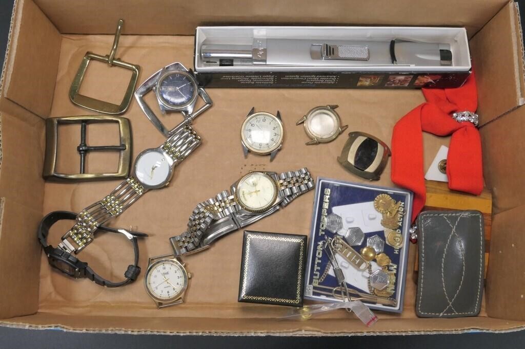 Box lot of Watches, Lapel pins