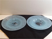 2pc Hand Blown Glass Plates Pale Blue Mackerel