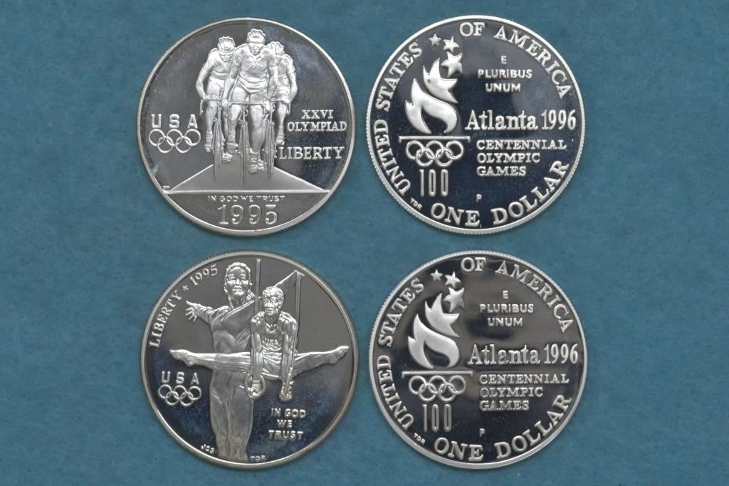 4 - Olympic Proof Silver Dollars in Caps