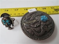 Dragon/Turquoise Beltbuckle, Myan Mask Ring