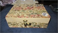 TAPESTRY COVERED JEWELRY BOX W/MISC PINS