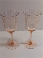 2pc Peach Rose Glass Crystal Wine Glasses Wheel