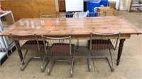ANTIQUE FARM DINING TABLE W/ 6 METAL CHAIRS