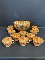 Vintage Peach Luster 10"d Punch bowl & 12 cups