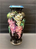 Vtg. Ceramic Floral Black w blue trim Vase 14"h