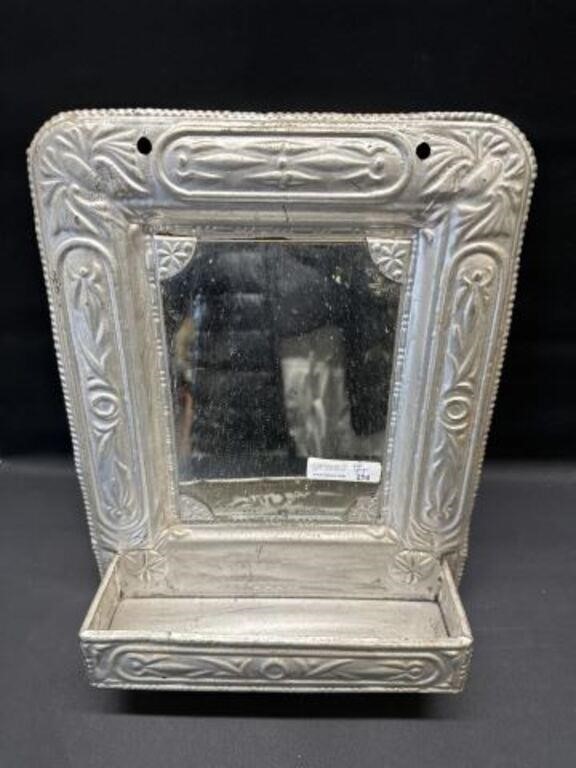 Vintage Stamped tin Mirror w shelf 9.5"x12"