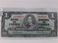1937 Vibrant Color Canada $1 Bill. Very Nice.