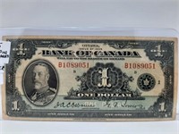 Rarer Bill. 1935 Canada $1 Bill. Has Pin