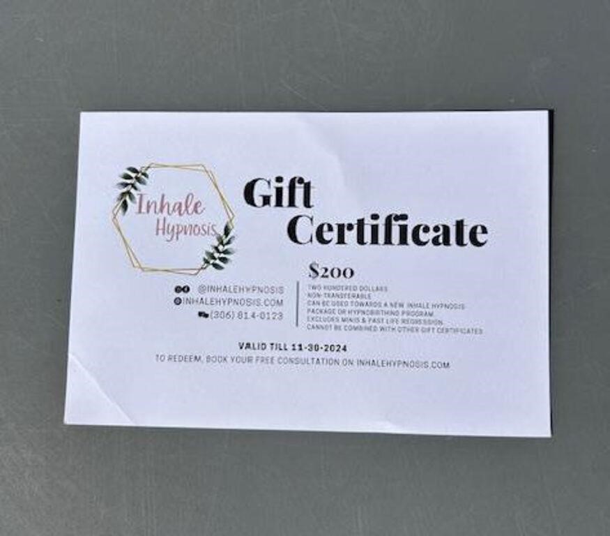 $200 Inhale Hypnosis Gift Certificate