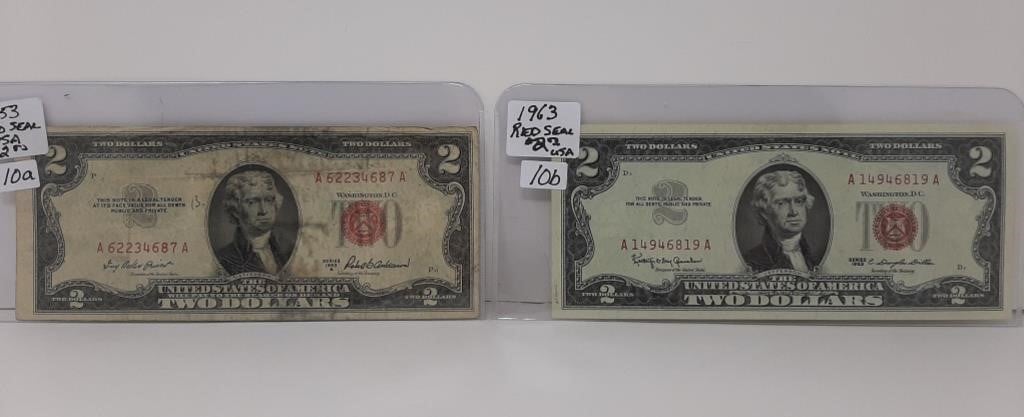 1953 USA $2 Bill & 1963 USA $2 Bill. Both Have