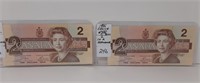2 in a Row (In Sequence) 1986 Canada $2 Bills.