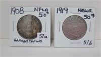 1908 and 1919 Newfoundland 50 Cent Pieces. The