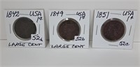 1842, 1849 and 1851 USA Large Cents.