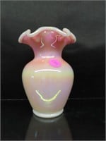 Fenton Glass Pink and White Ruffled Vase